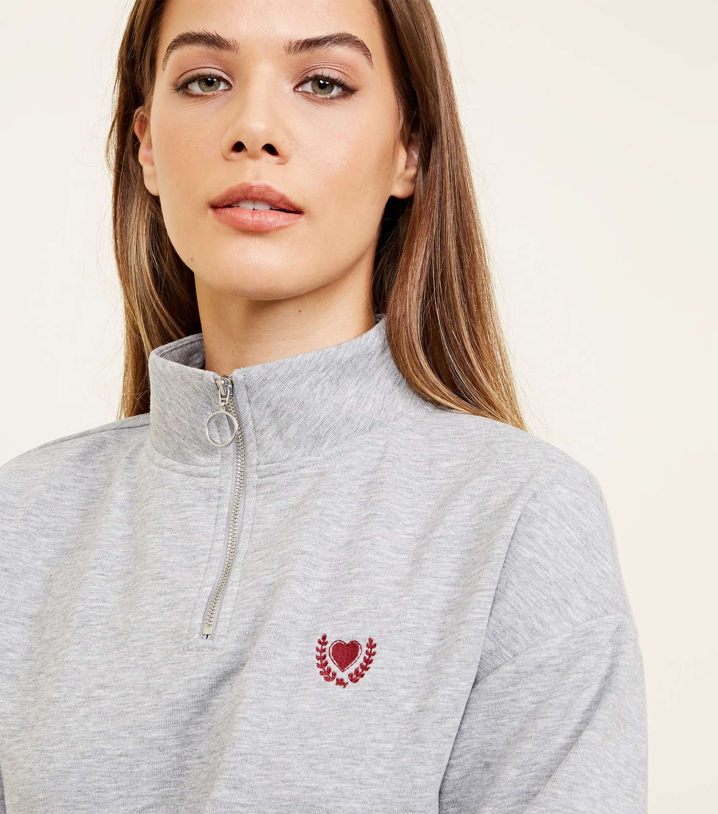 Grey Marl Heart Crest Zip Neck Sweatshirt Image 5