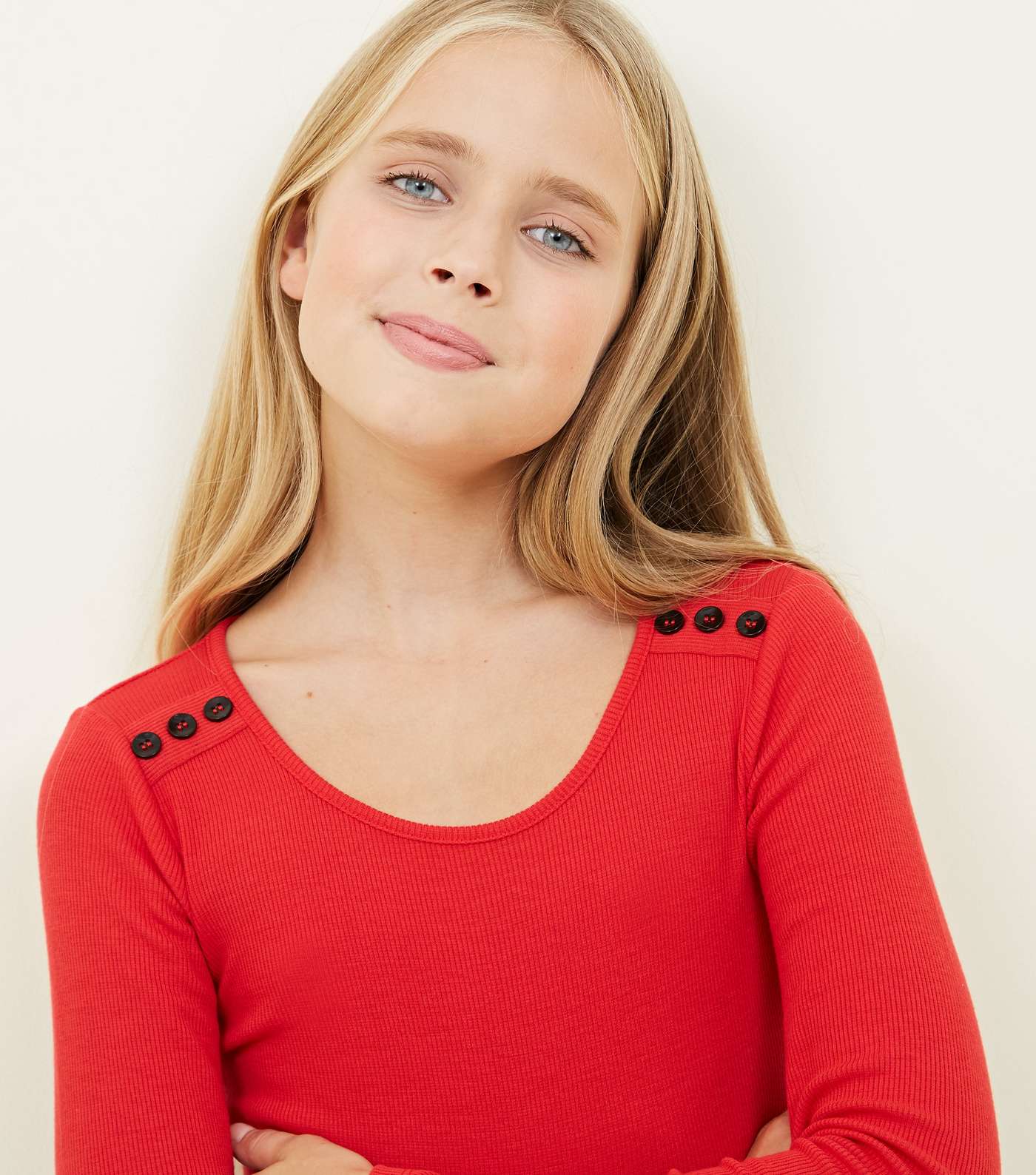 Girls Red Ribbed Button Shoulder Top  Image 2