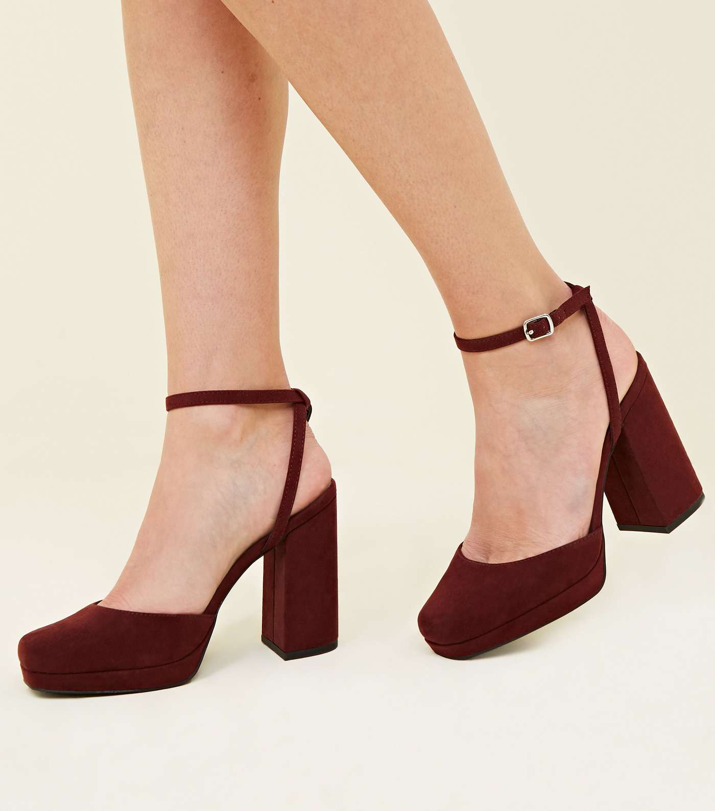 Wide Fit Dark Red Suedette Square Toe Heels Image 2