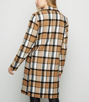 Brown Check Revere Collar Coat New Look