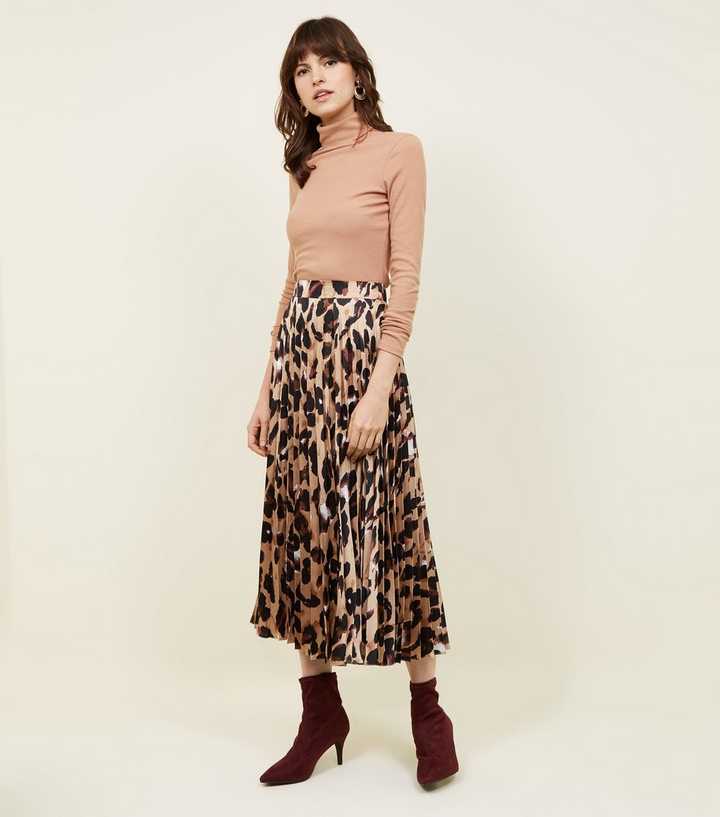 Brown Leopard Print Pleated Satin Midi Skirt