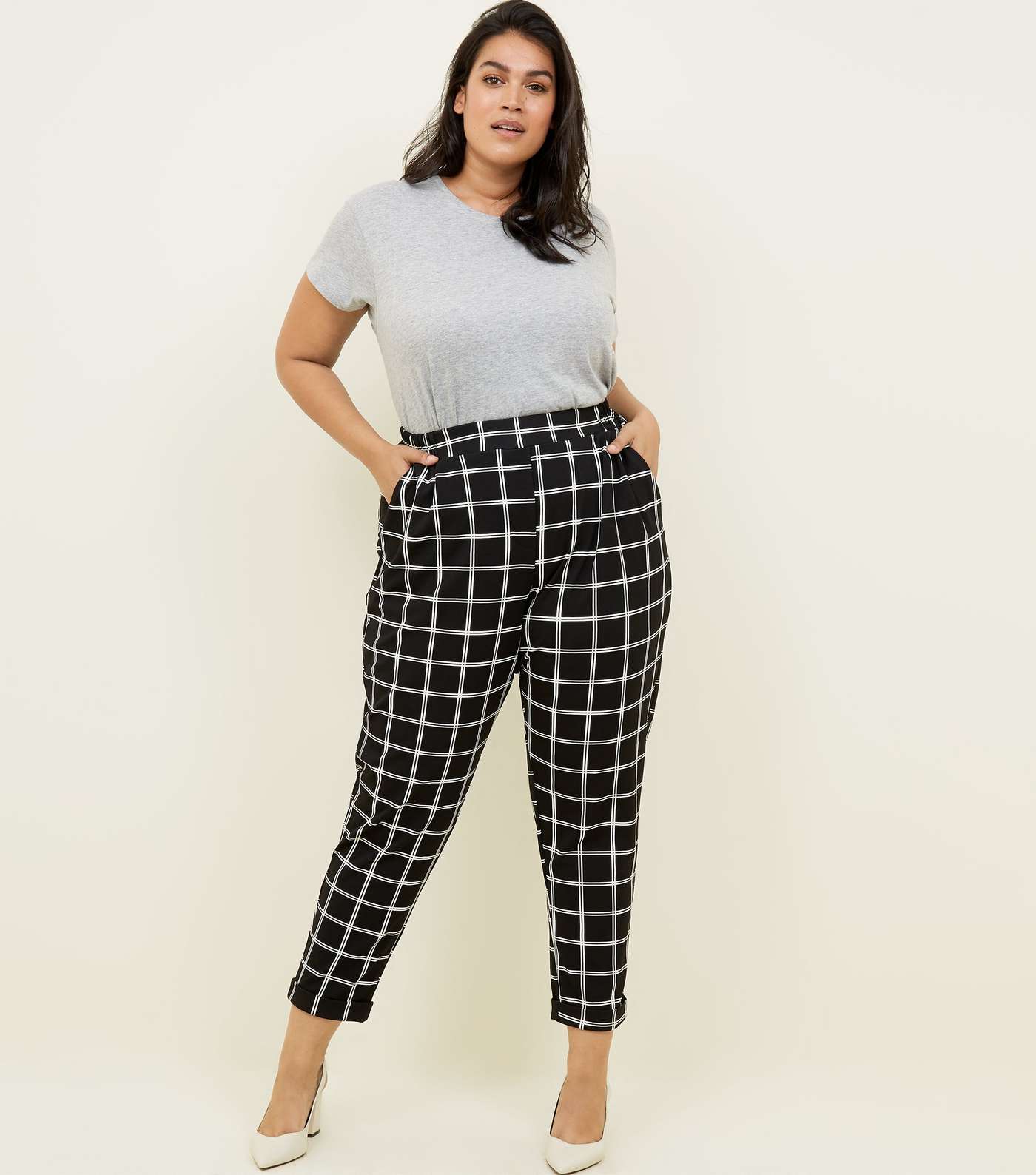 Curves Black Grid Check Pull On Scuba Trousers