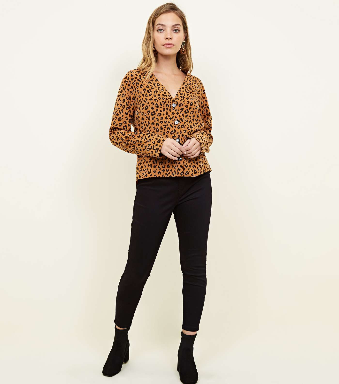 Petite Brown Leopard Print V Neck Shirt Image 2