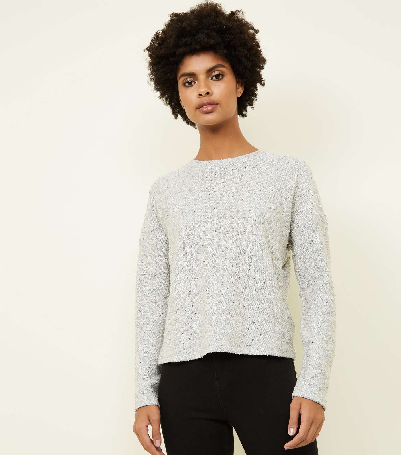 Pale Grey Sequin Fine Knit Boxy Top