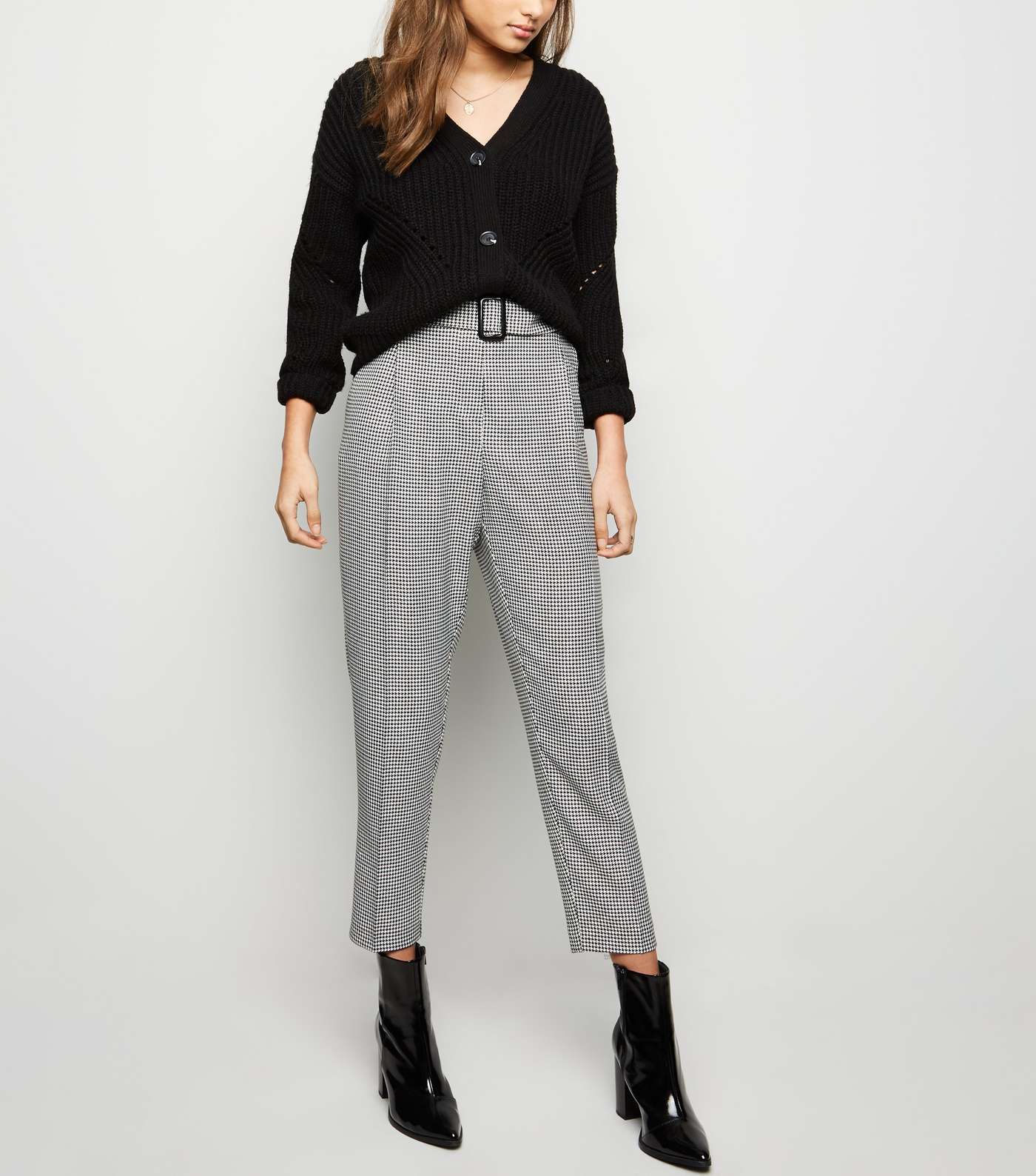 Black Houndstooth Check Belted Trousers