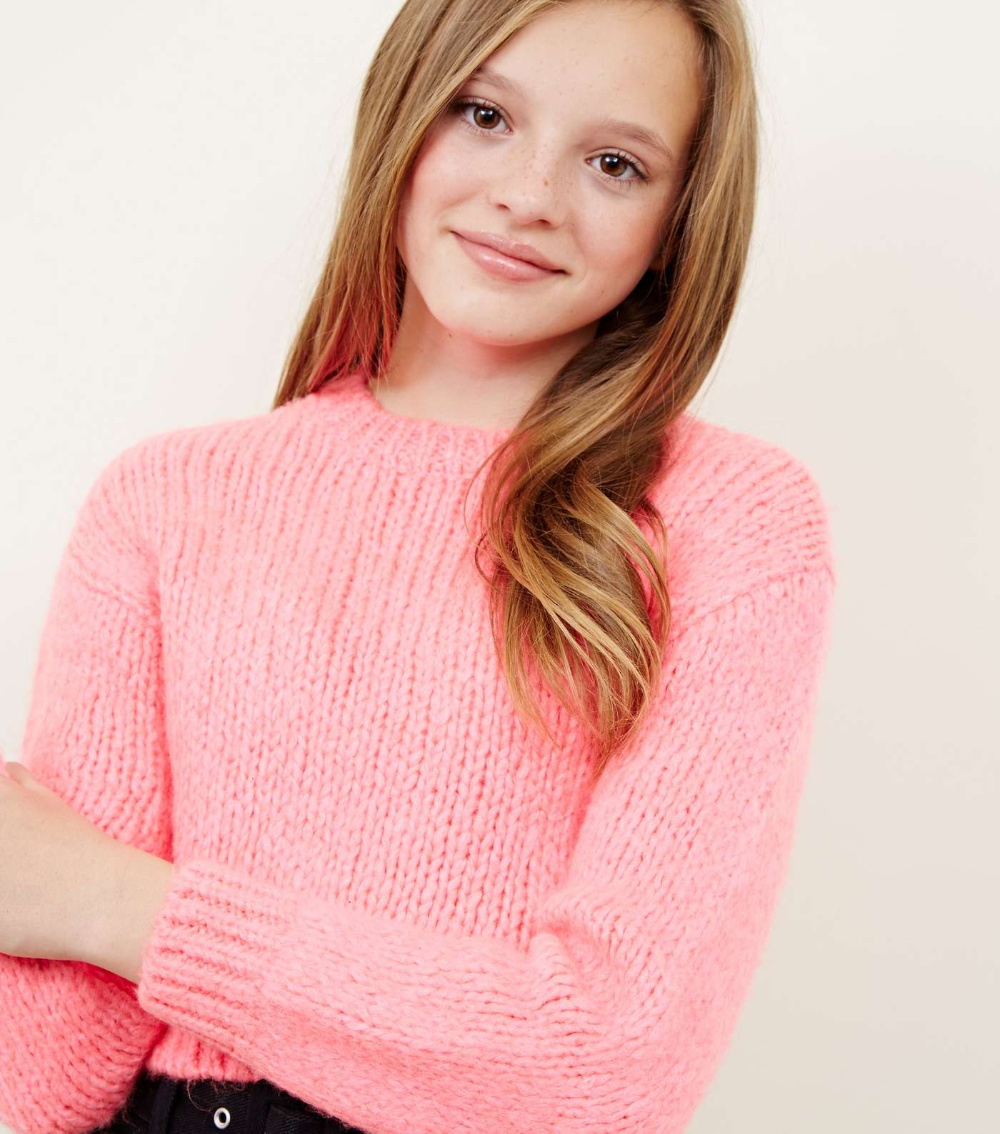 Girls Neon Pink Chunky Knit Jumper  Image 5