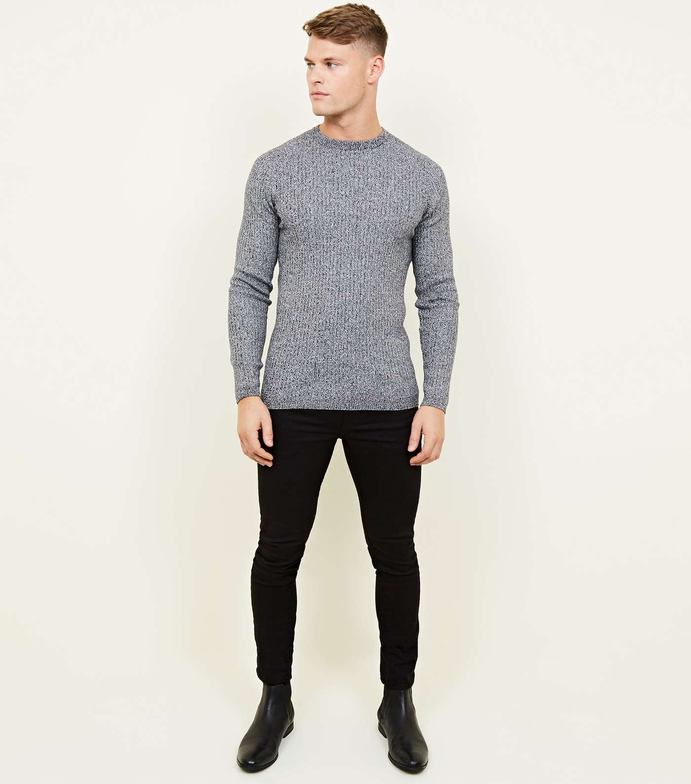 Grey Muscle Fit Long Sleeve Ribbed Jumper Image 2