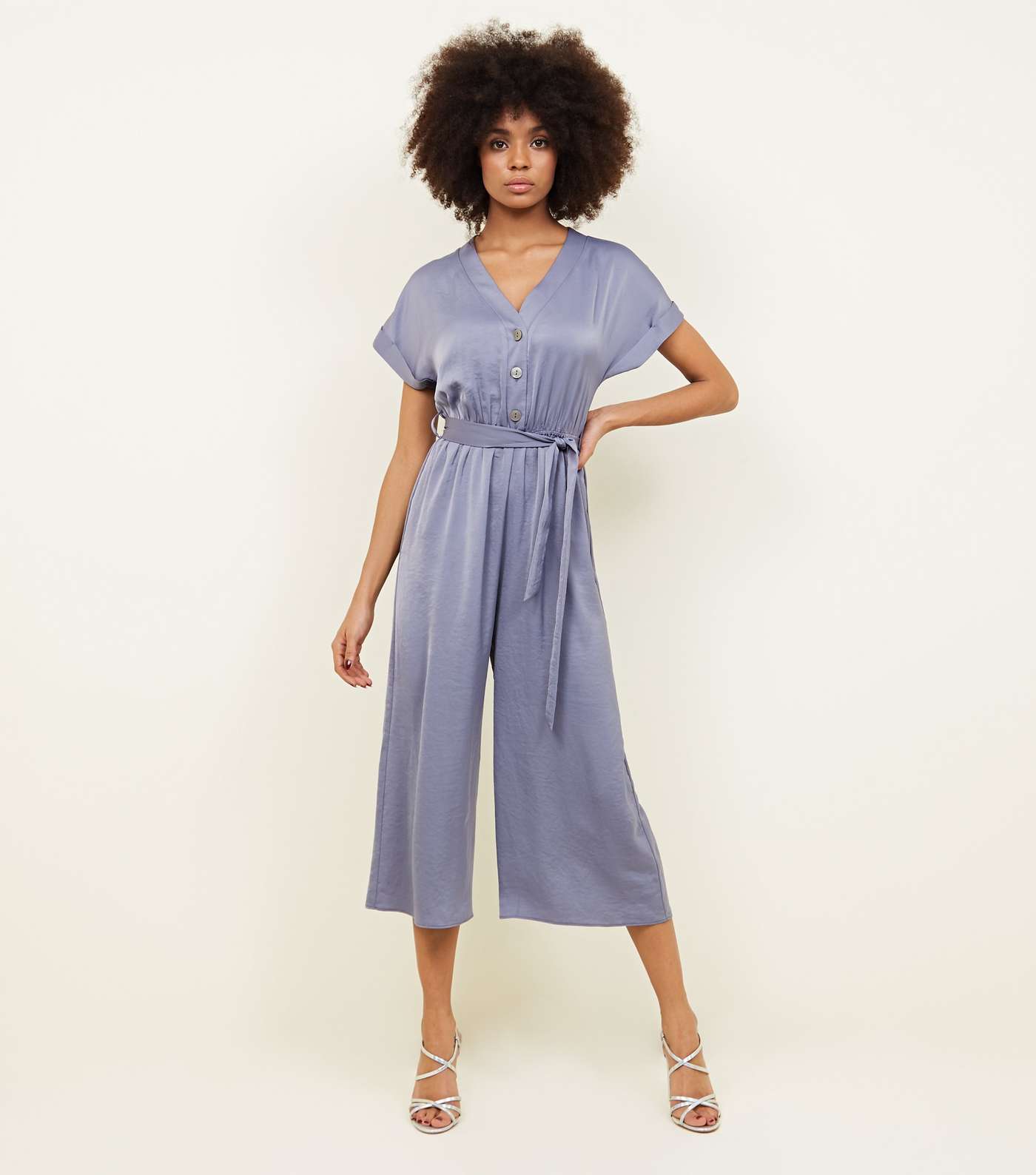 Grey Satin Button Front Cropped Jumpsuit 