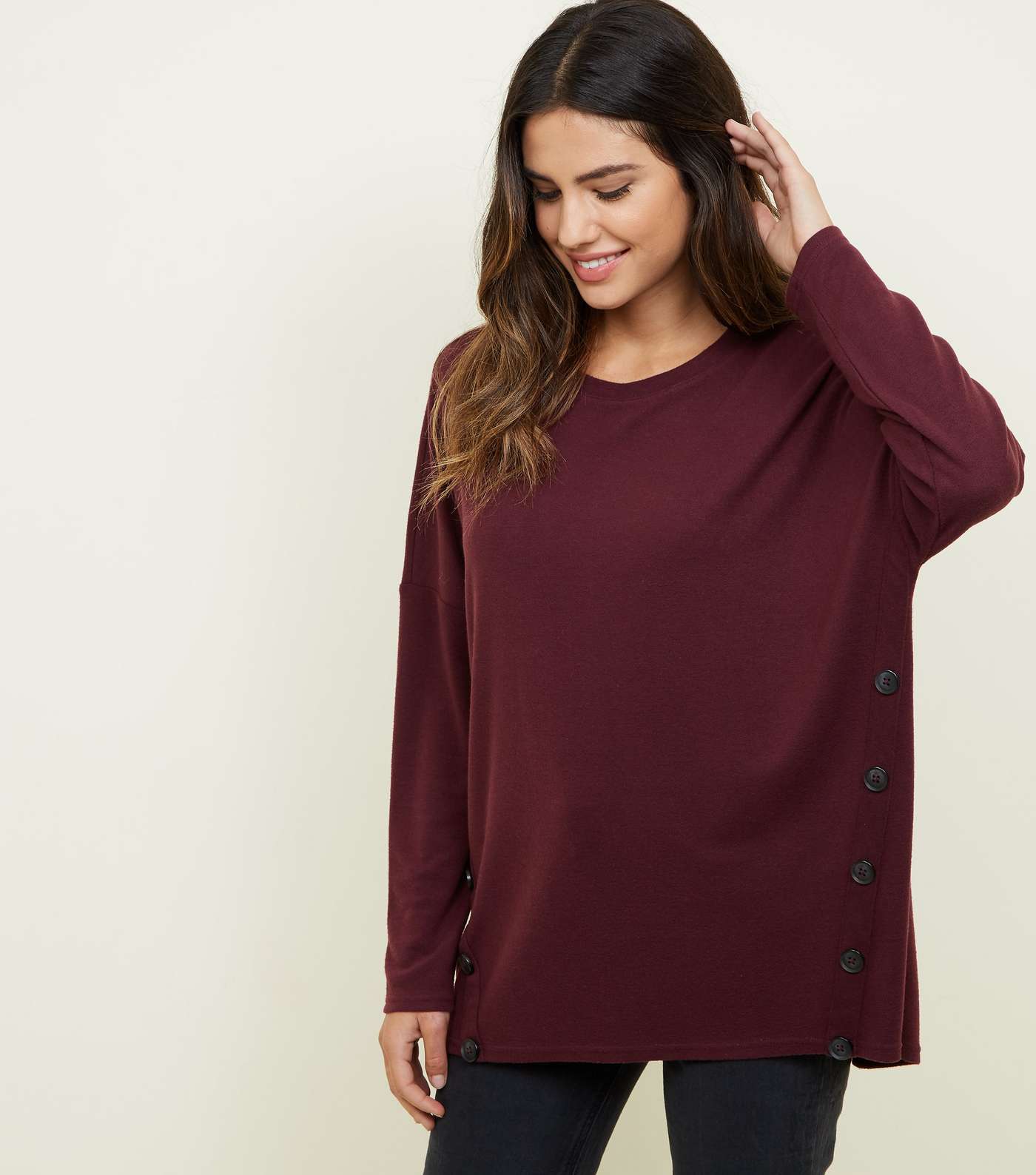 Burgundy Button Side Brushed Batwing Top