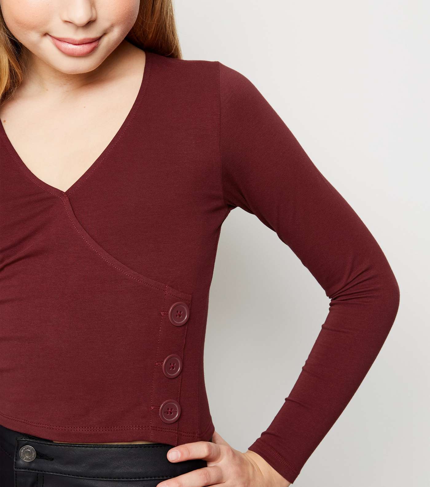 Girls Burgundy Long Sleeve Button Side Top Image 3