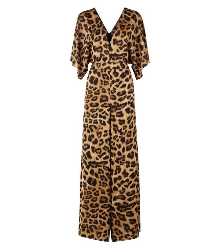 Brauner Satin Jumpsuit Mit Leoparden Print Und Kimono Armeln New Look