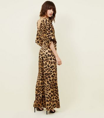 Brown Leopard Print Satin Kimono Sleeve Jumpsuit
