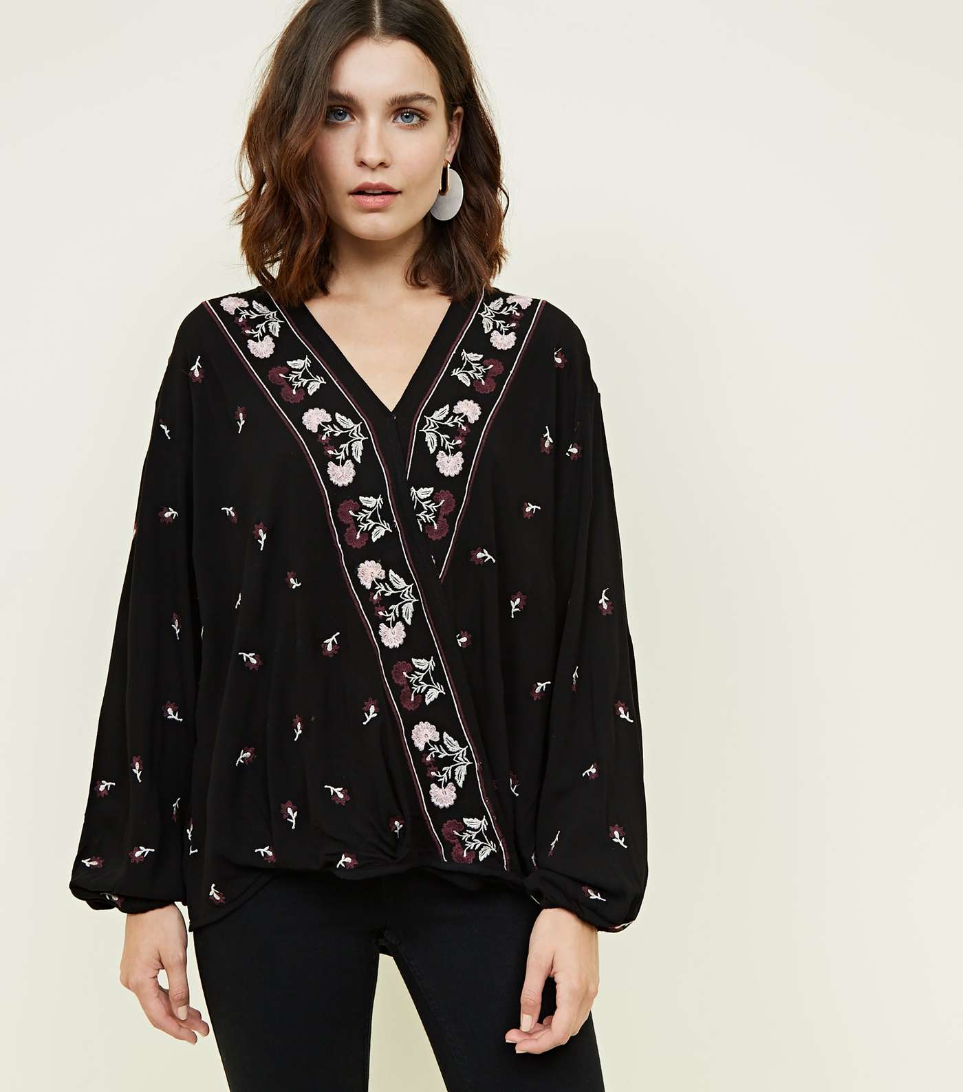 Apricot Black Floral Embroidered Wrap Top