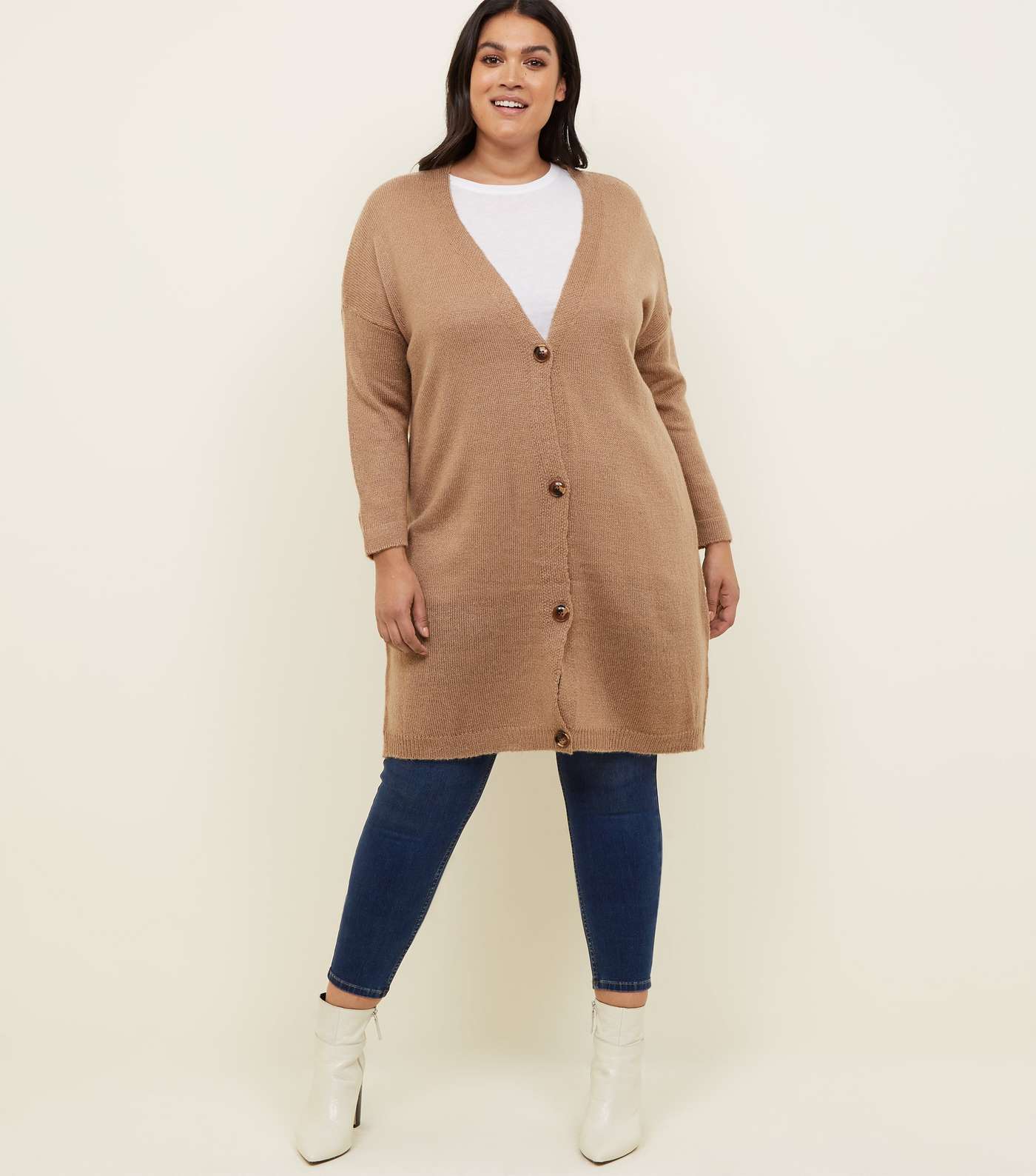 Curves Camel Knitted Longline Cardigan  Image 2