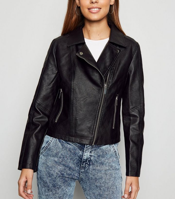 Black Leather Look Biker Jacket New Black Leather Look Biker Jacket