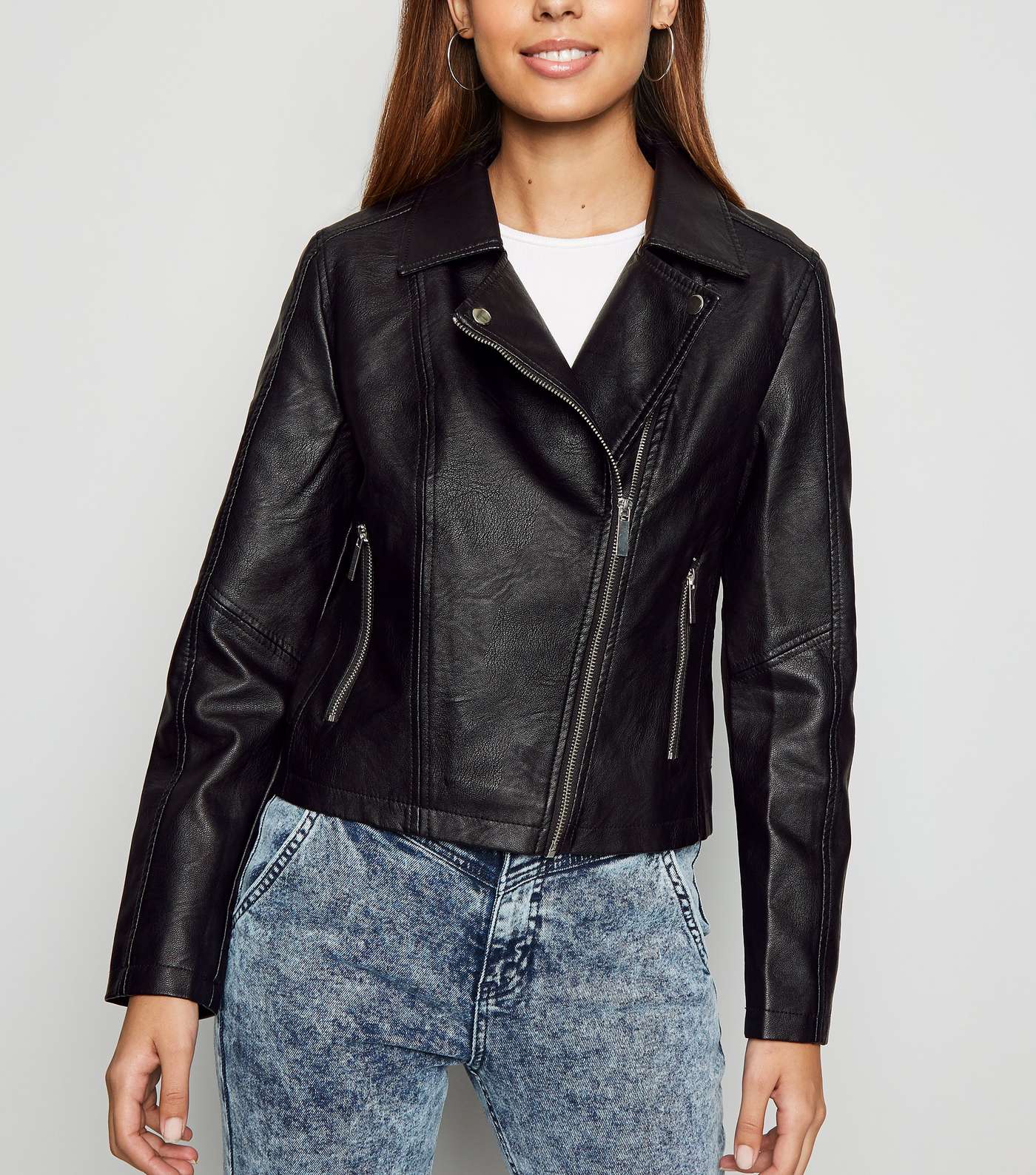 Black Coated Leather-Look Biker Jacket 