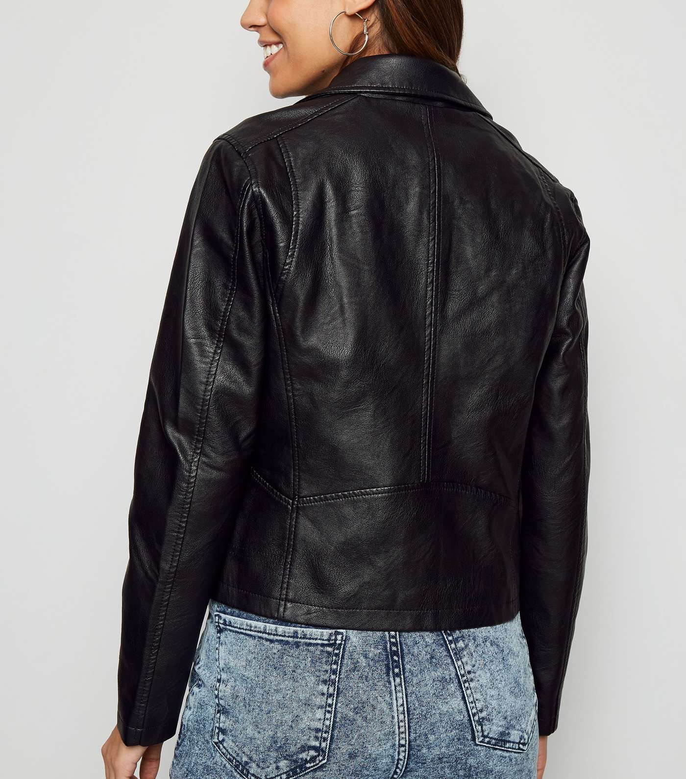 Black Coated Leather-Look Biker Jacket  Image 3