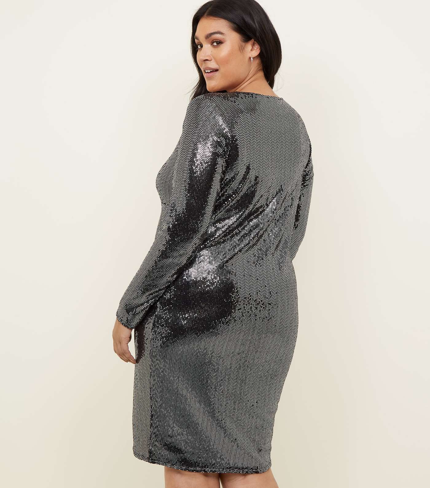 Curves Silver Mirrored Sequin Twist Front Dress  Image 5