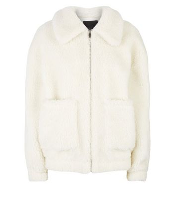 White Teddy Borg Pocket Front Jacket New Look