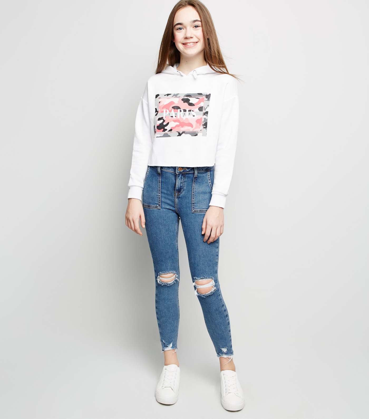 Girls Pale Blue Utility Pocket Ripped Skinny Jeans