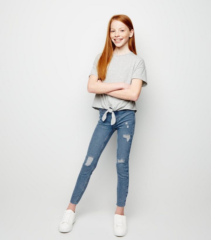 Girls Bright Blue Ripped High Rise Skinny Jeans New Look