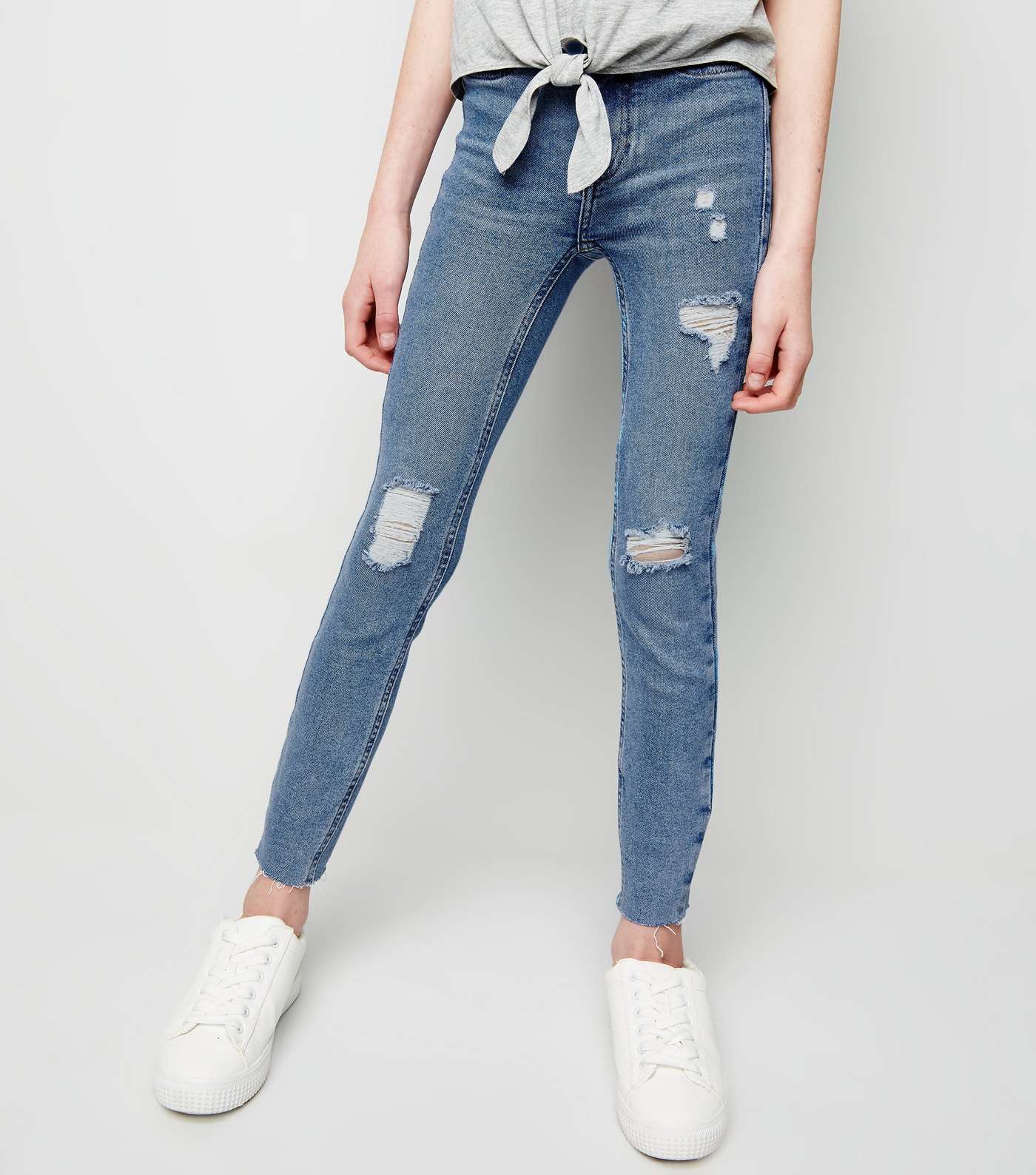 Girls Bright Blue Ripped High Rise Skinny Jeans Image 2