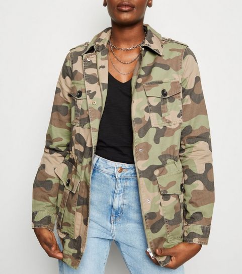 Olive Green Camo Print Utility Jacket