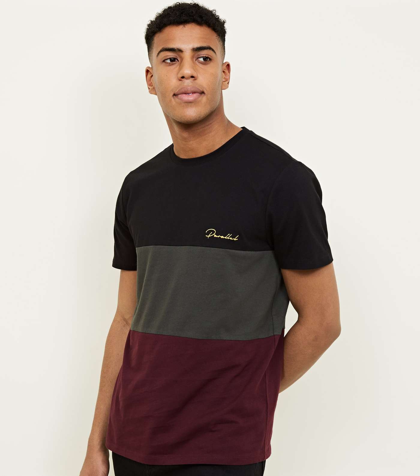 Burgundy Colour Block Parallel Embroidered T-Shirt