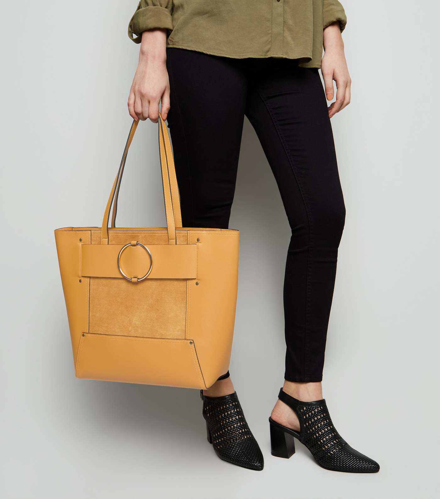 Mustard Leather-Look Ring Strap Tote Bag Image 2