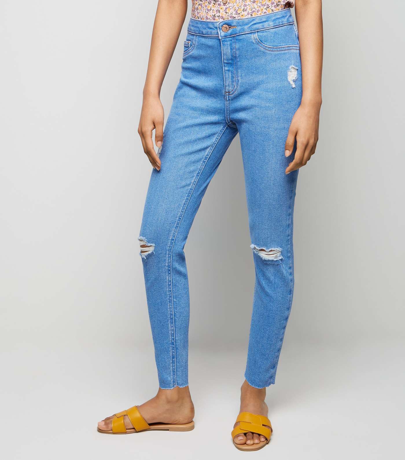 Petite Bright Blue High Waist Ripped Skinny Jeans Image 2