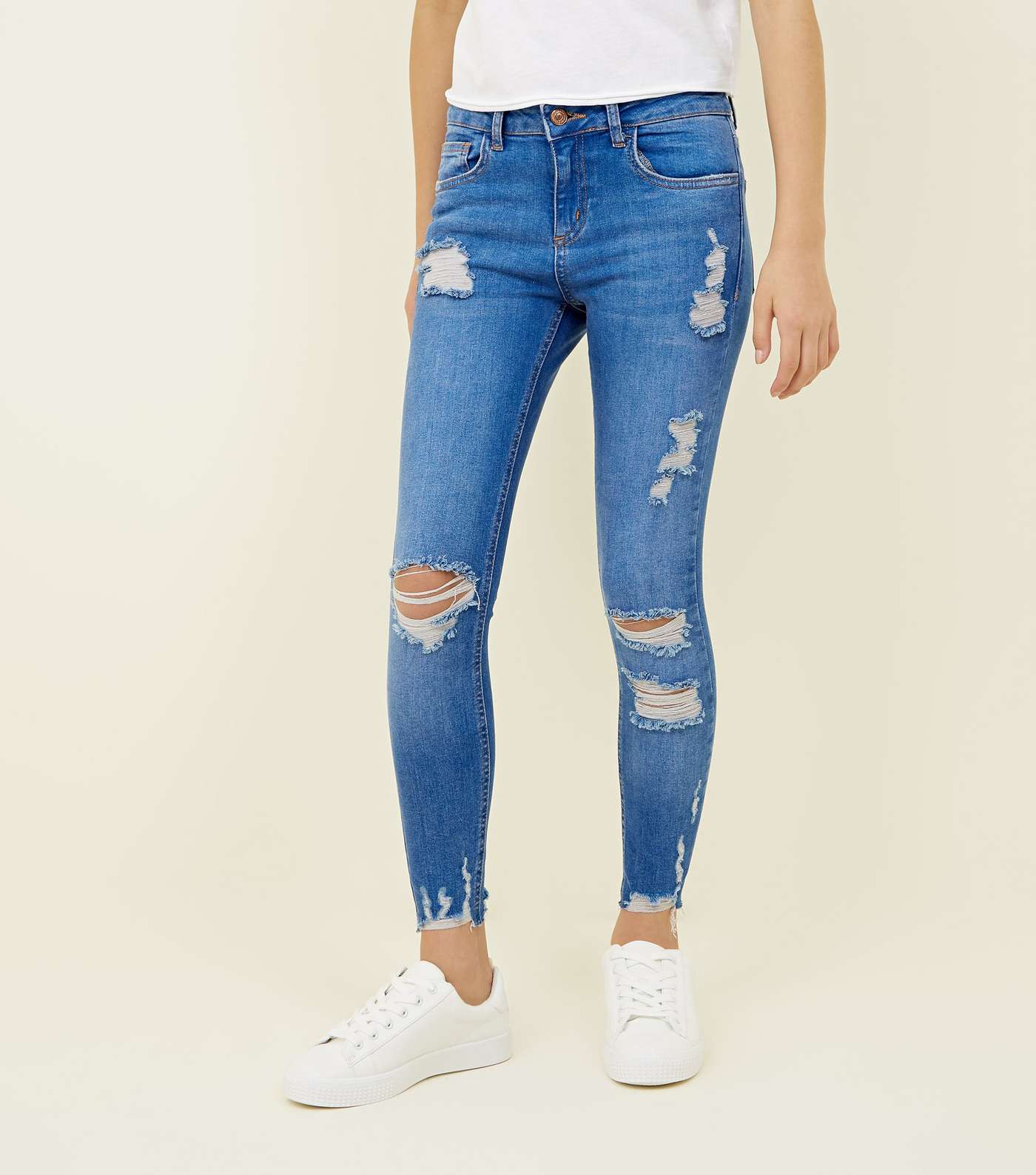 Girls Bright Blue Ripped Skinny Jeans Image 2