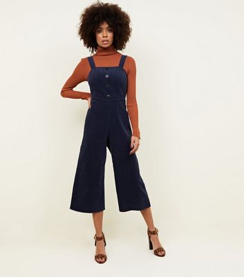 Navy Corduroy Button Front Culotte Jumpsuit New Look