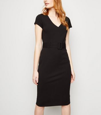 black belted midi dress