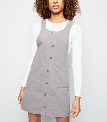 Grey Corduroy Button Front Pinafore Dress New Look