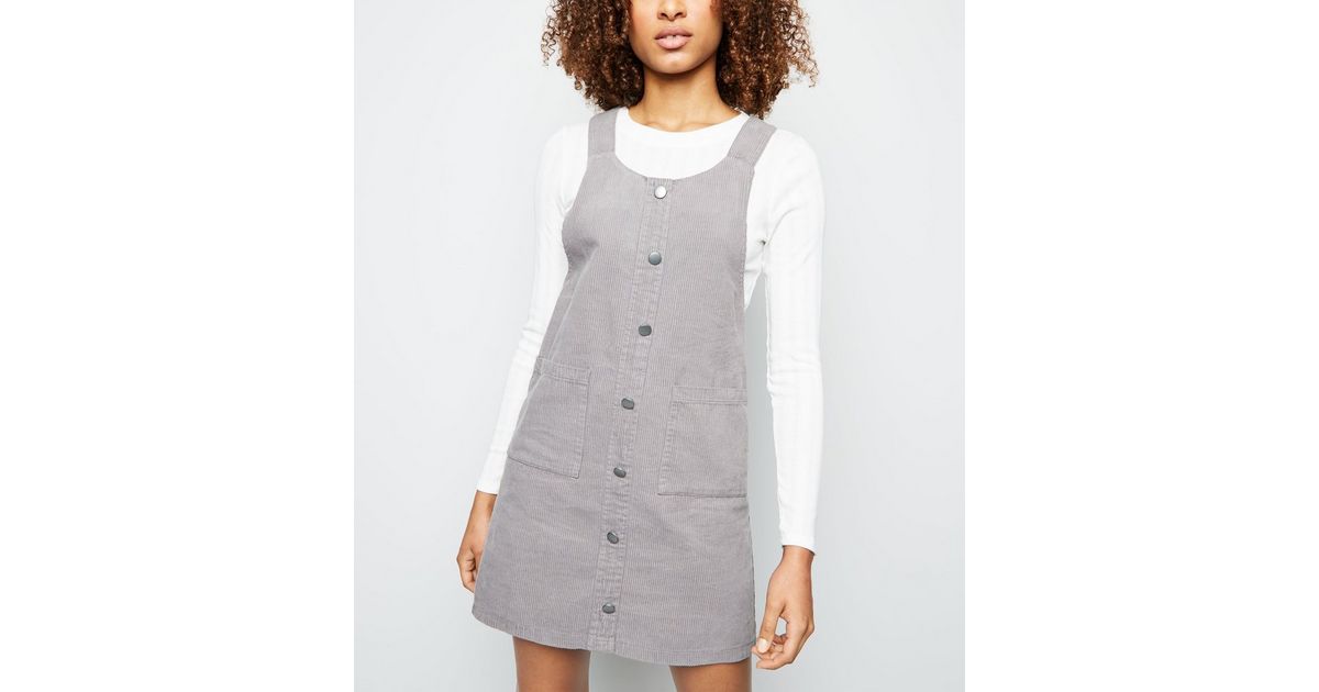 Grey Corduroy Button Front Pinafore Dress | New Look