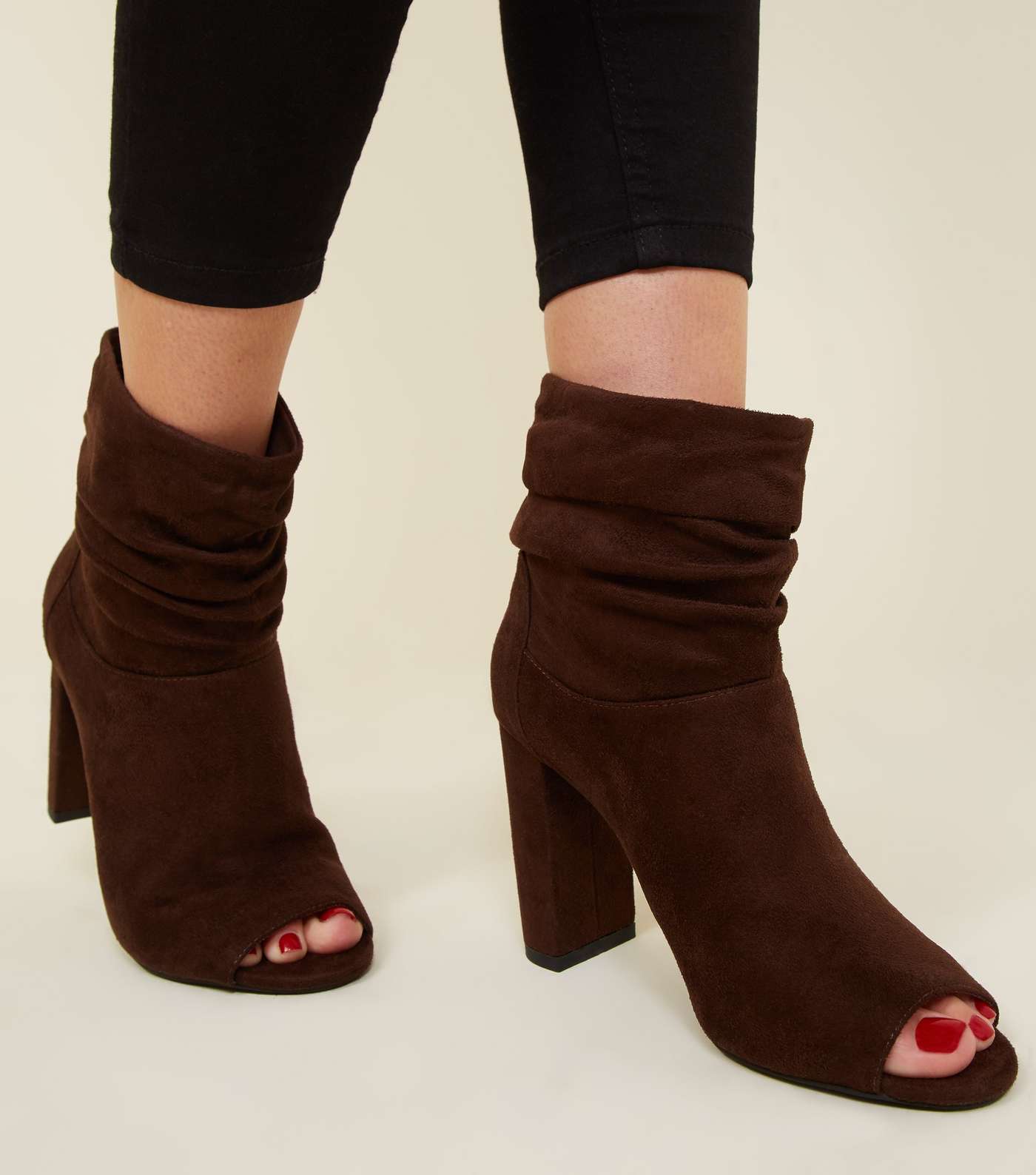 Brown Suedette Slouch Block Heel Boots  Image 2