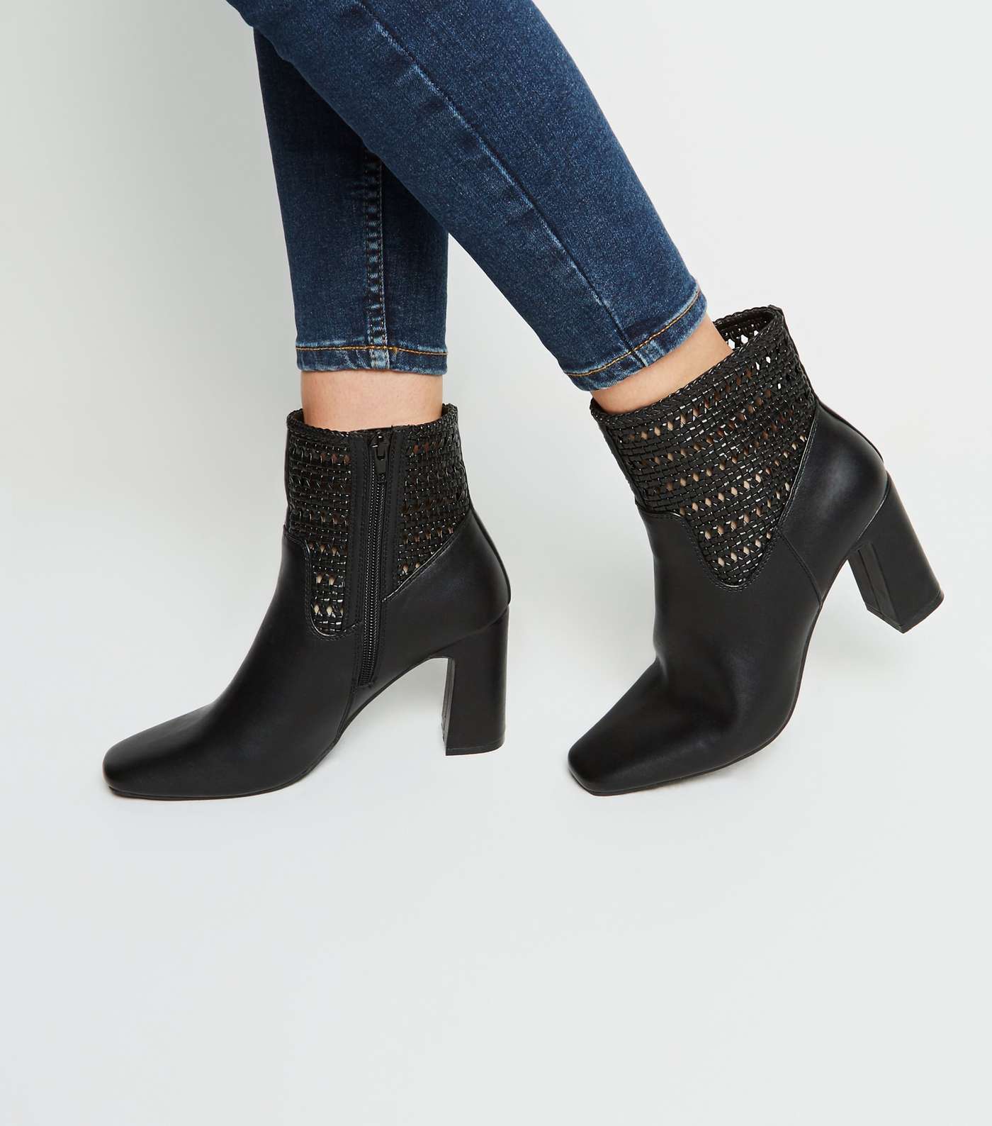 Black Leather-Look Woven Flare Heel Boots Image 2