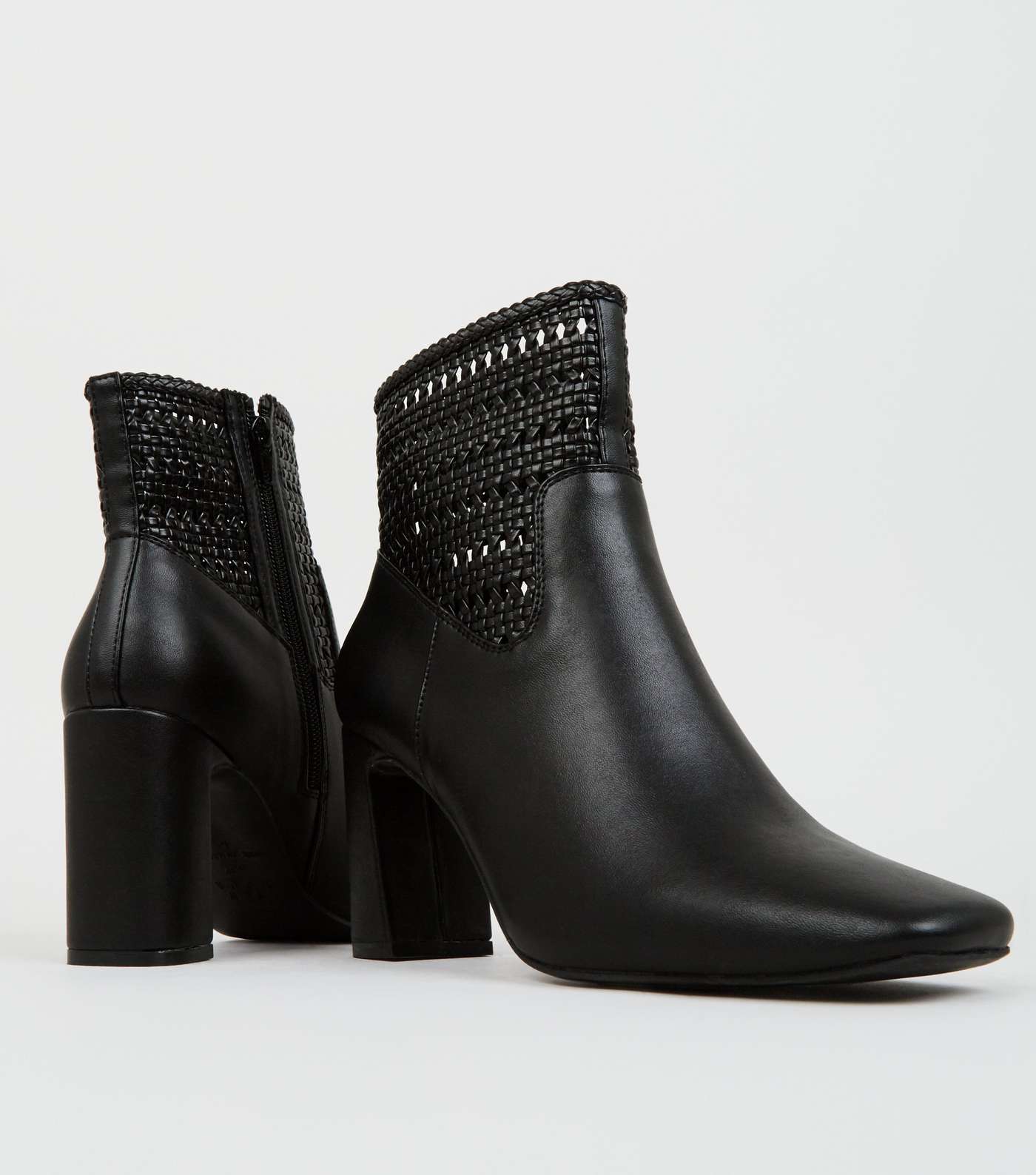 Black Leather-Look Woven Flare Heel Boots Image 4