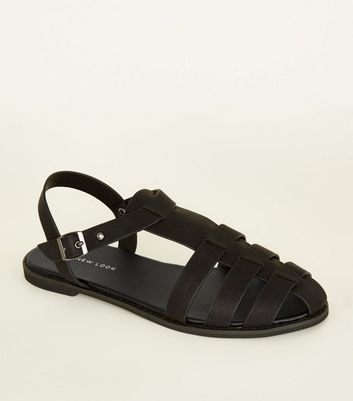 Black Leather-Look Caged Flat Sandals 