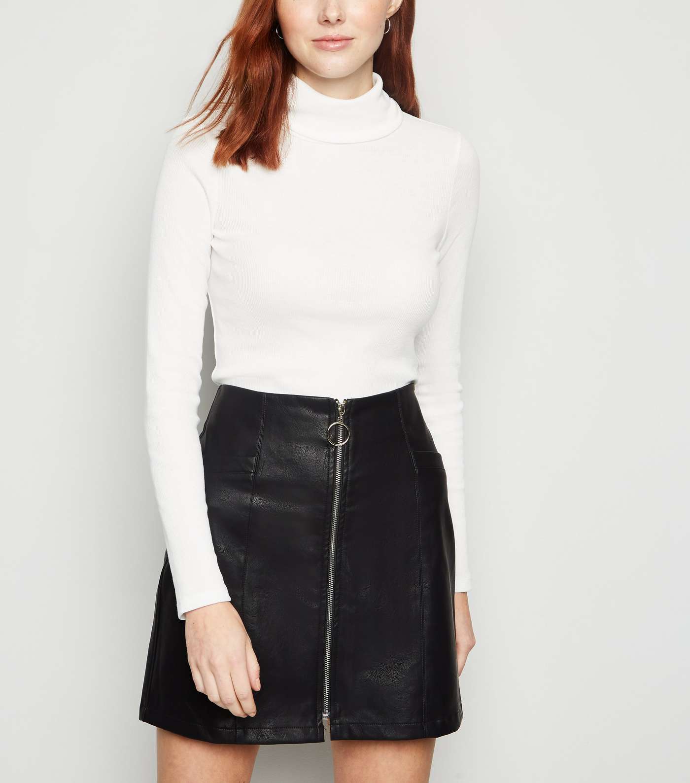 Black Leather-Look Ring Pull Zip Mini Skirt