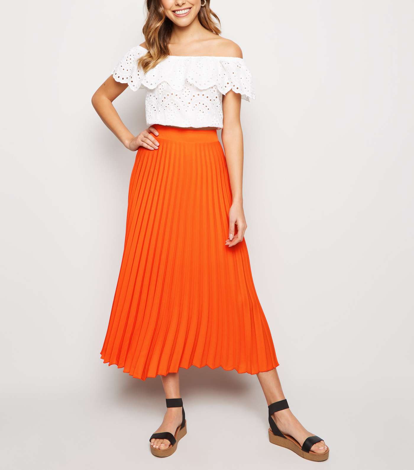 Bright Orange Neon Pleated Midi Skirt 