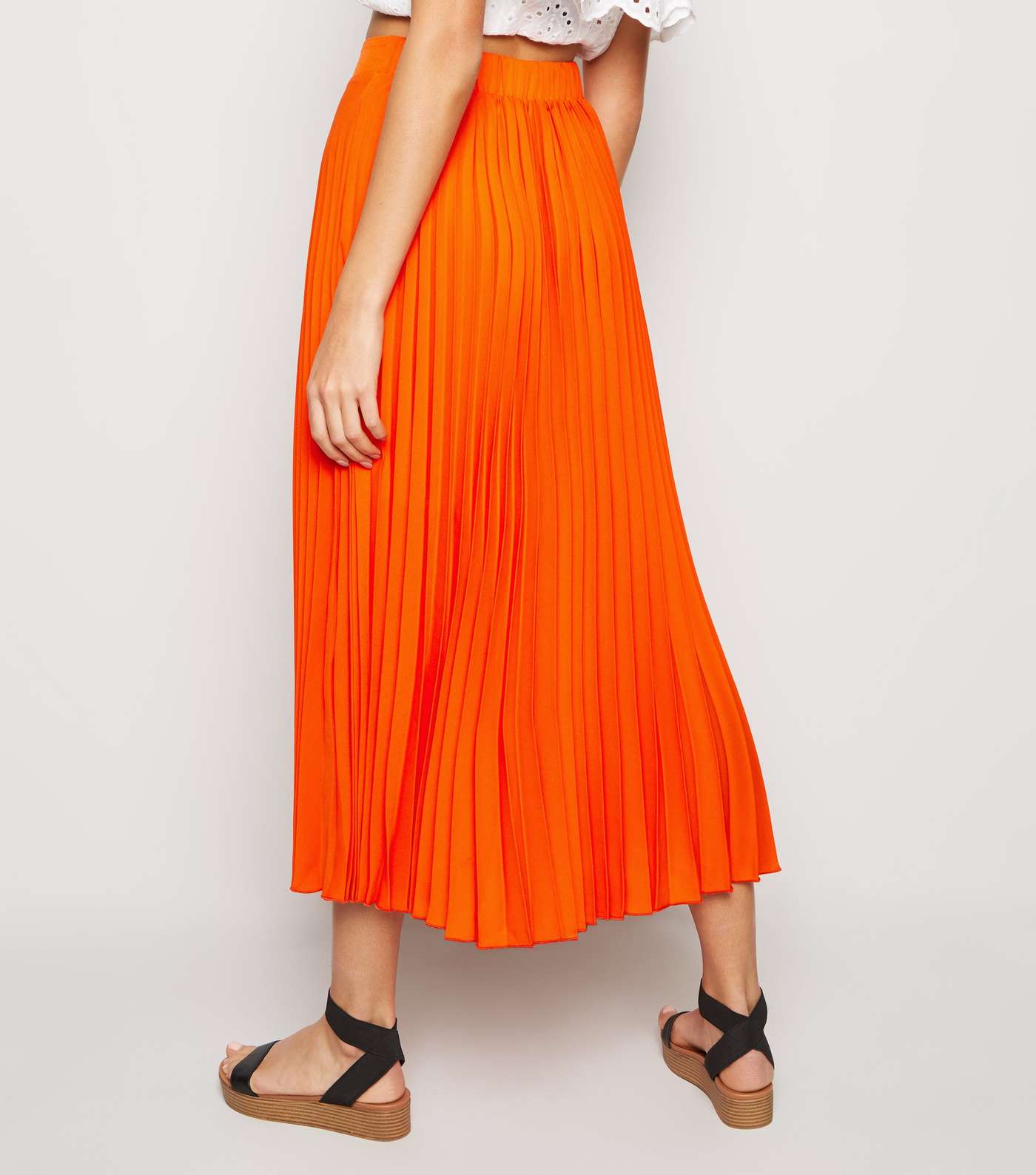 Bright Orange Neon Pleated Midi Skirt  Image 3