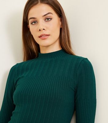 Dark Green Funnel Neck Ribbed Long 