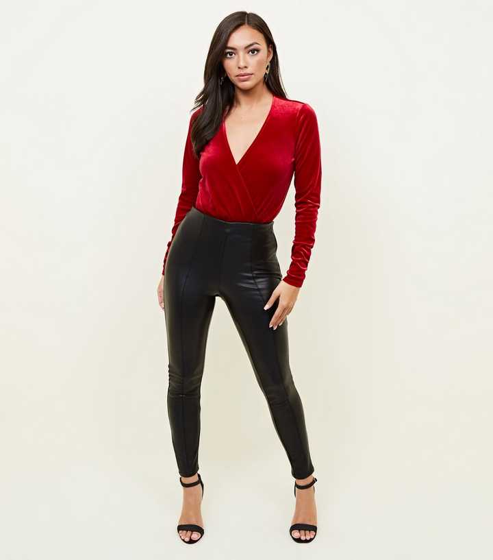 Elegant Red Velvet Wrap Front Bodysuit