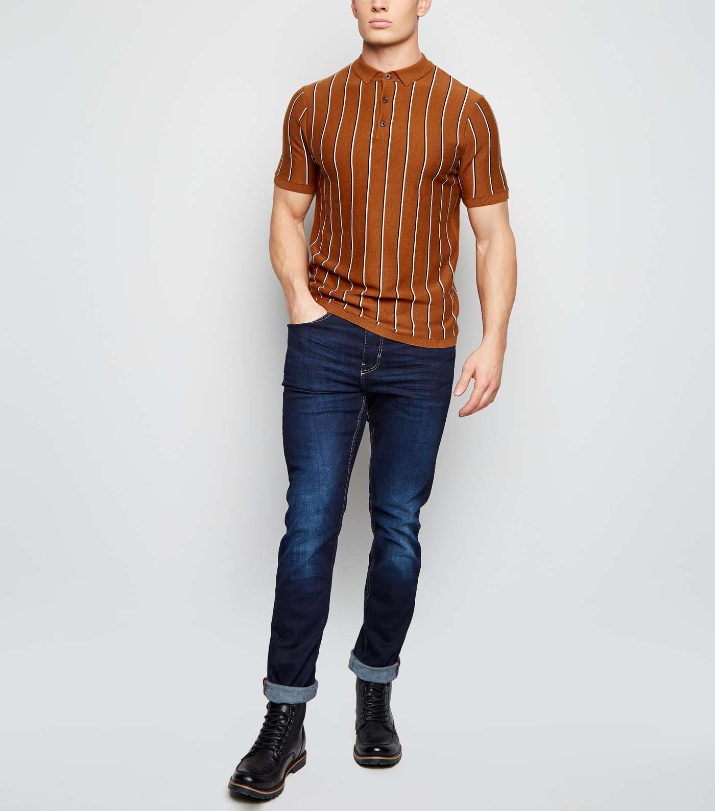 Tan Vertical Stripe Polo Shirt Image 2