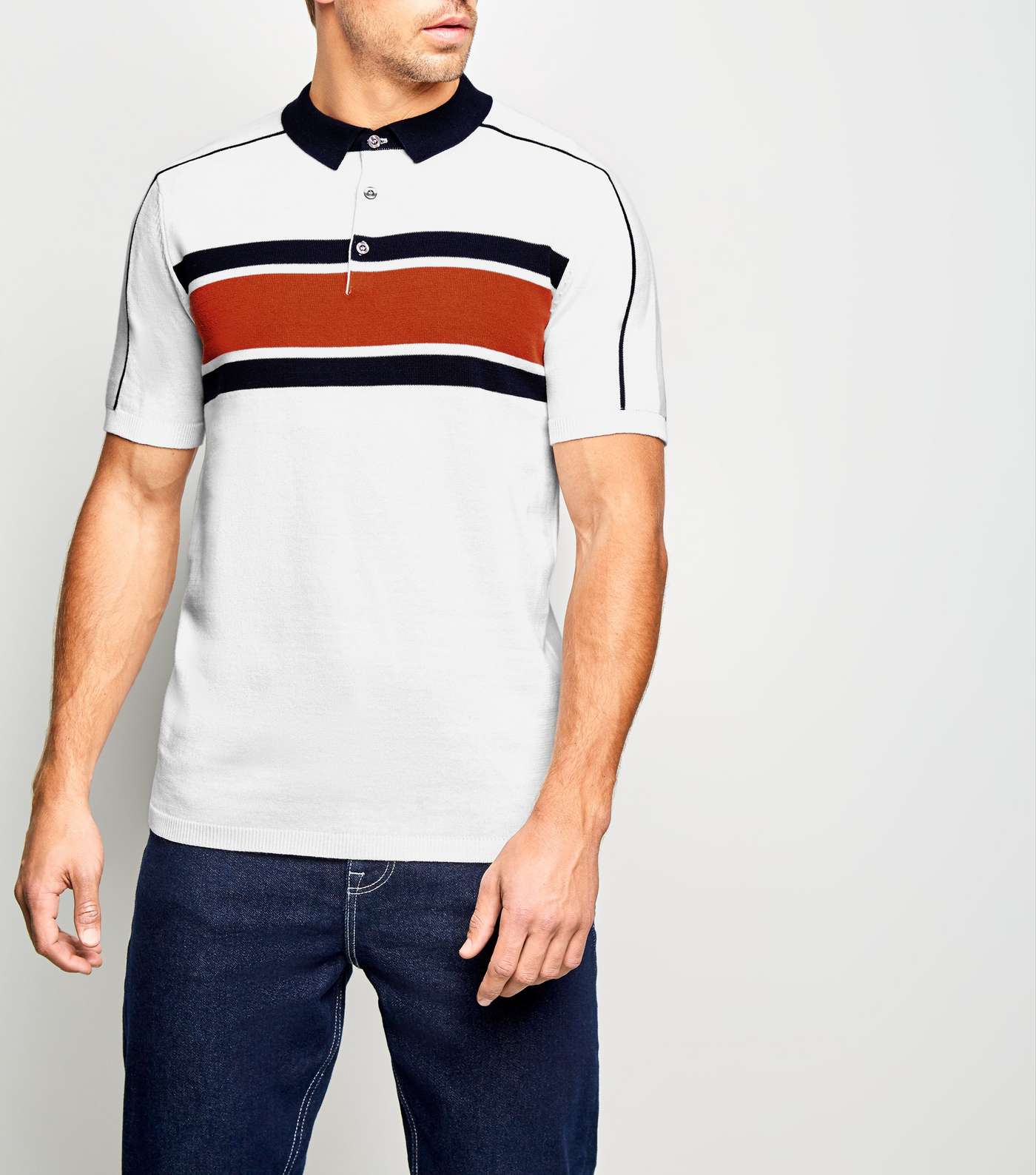 White Block Stripe Knit Polo Shirt