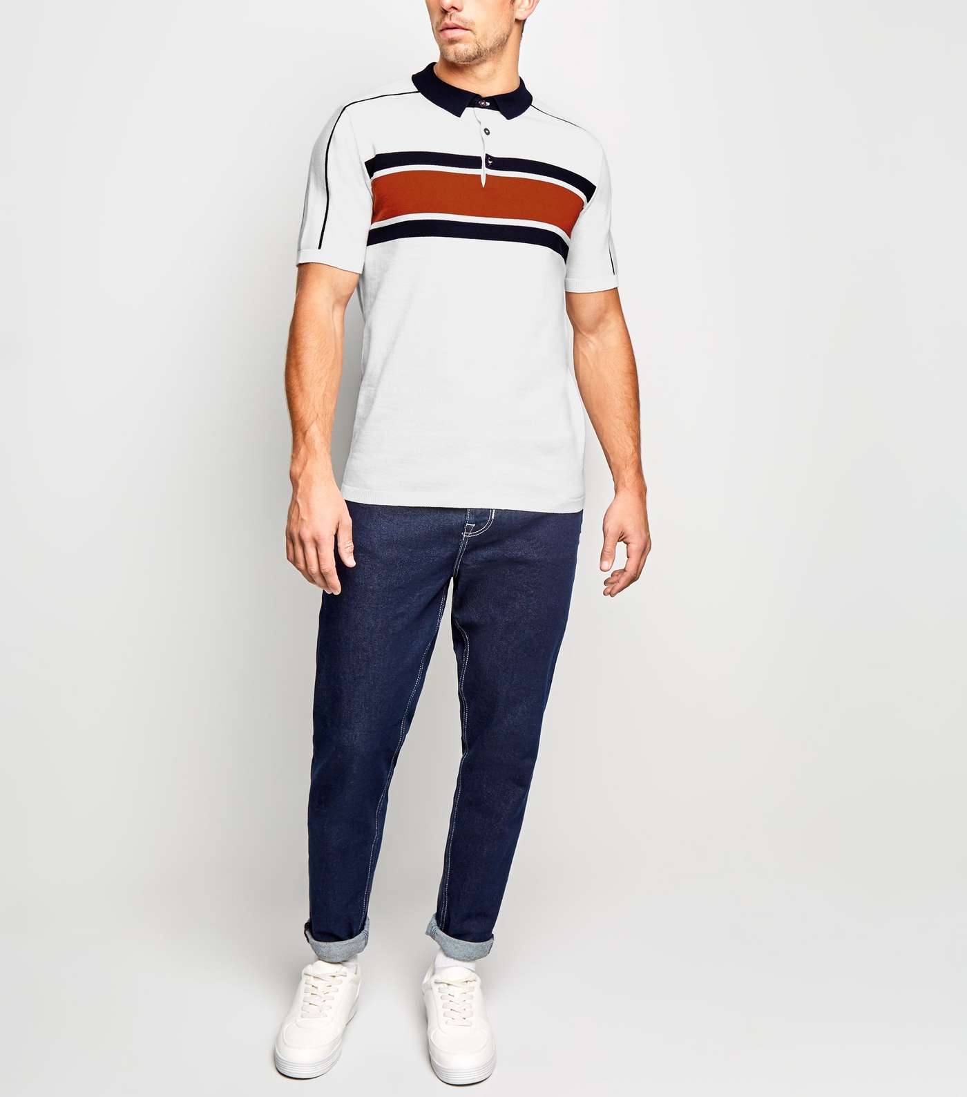 White Block Stripe Knit Polo Shirt Image 3