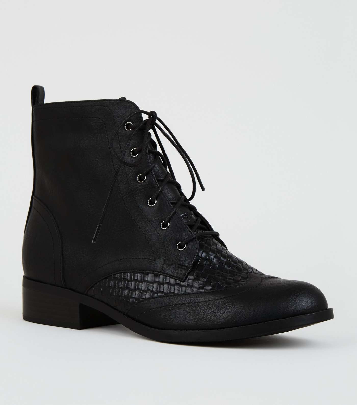 Black Woven Panel Flat Lace Up Boots