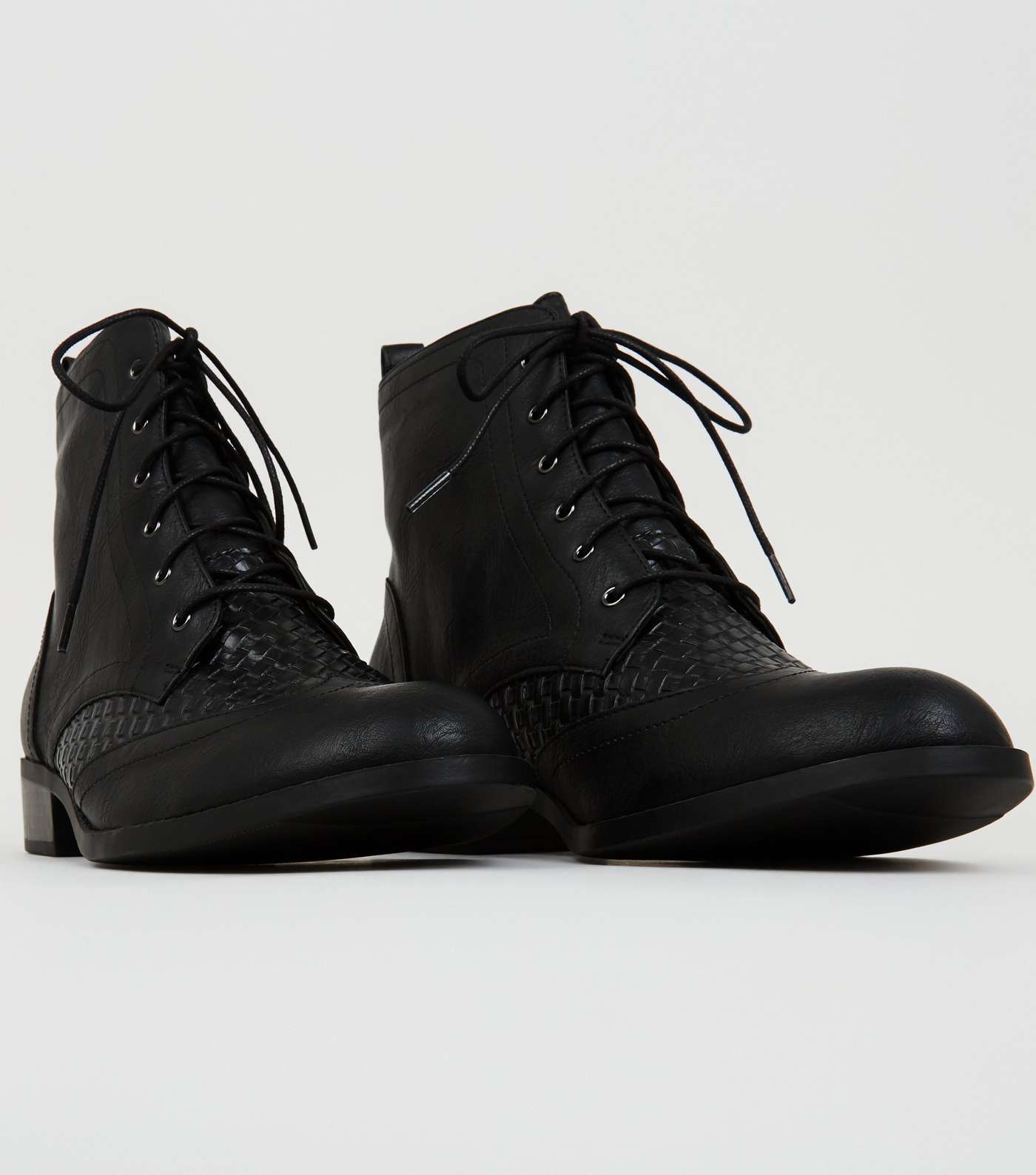 Black Woven Panel Flat Lace Up Boots Image 3