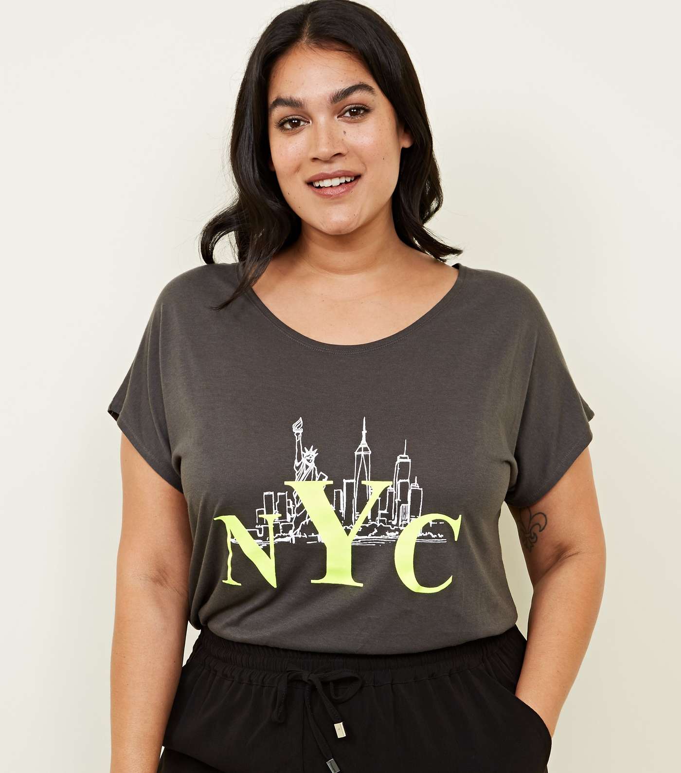 Curves Dark Grey Fluorescent NYC Print T-Shirt